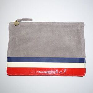 Clare V. Navy Blue, Red & White Stripe Leather Suede Clutch w/ Charm, Size M